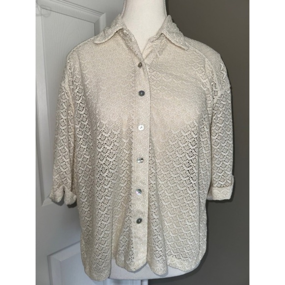 PQ Swim Lace Button Down Shirt Cream Gold Metallic Cover Up Resortwear ChicXS/S